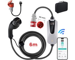 JUNSUN Draagbare 3.68/11kW 16A 1/3-Fase EV Laadkabel - Type 2 Laadpaal met App/WiFi Bediening, 6M Kabel + LCD Scherm & Opbergtas - 6A/8A/10A/13A/16A Schakelbaar - IEC62196-2 & IP65