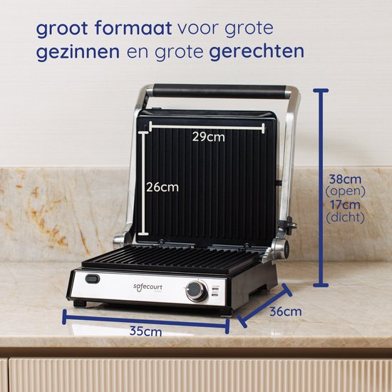 Safecourt contactgrill open met afmetingen. De grill is 35cm breed, 26cm hoog en 38cm hoog in geopende stand.
