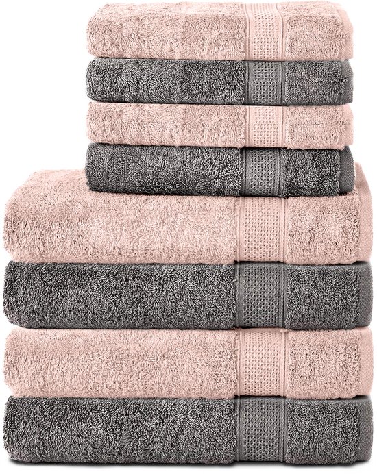Komfortec Handdoekenset – Set van 8 - 4x Handdoek 50x100 cm en 4x Badhanddoek 70x140 cm - 100% Katoen - Antraciet&Roze