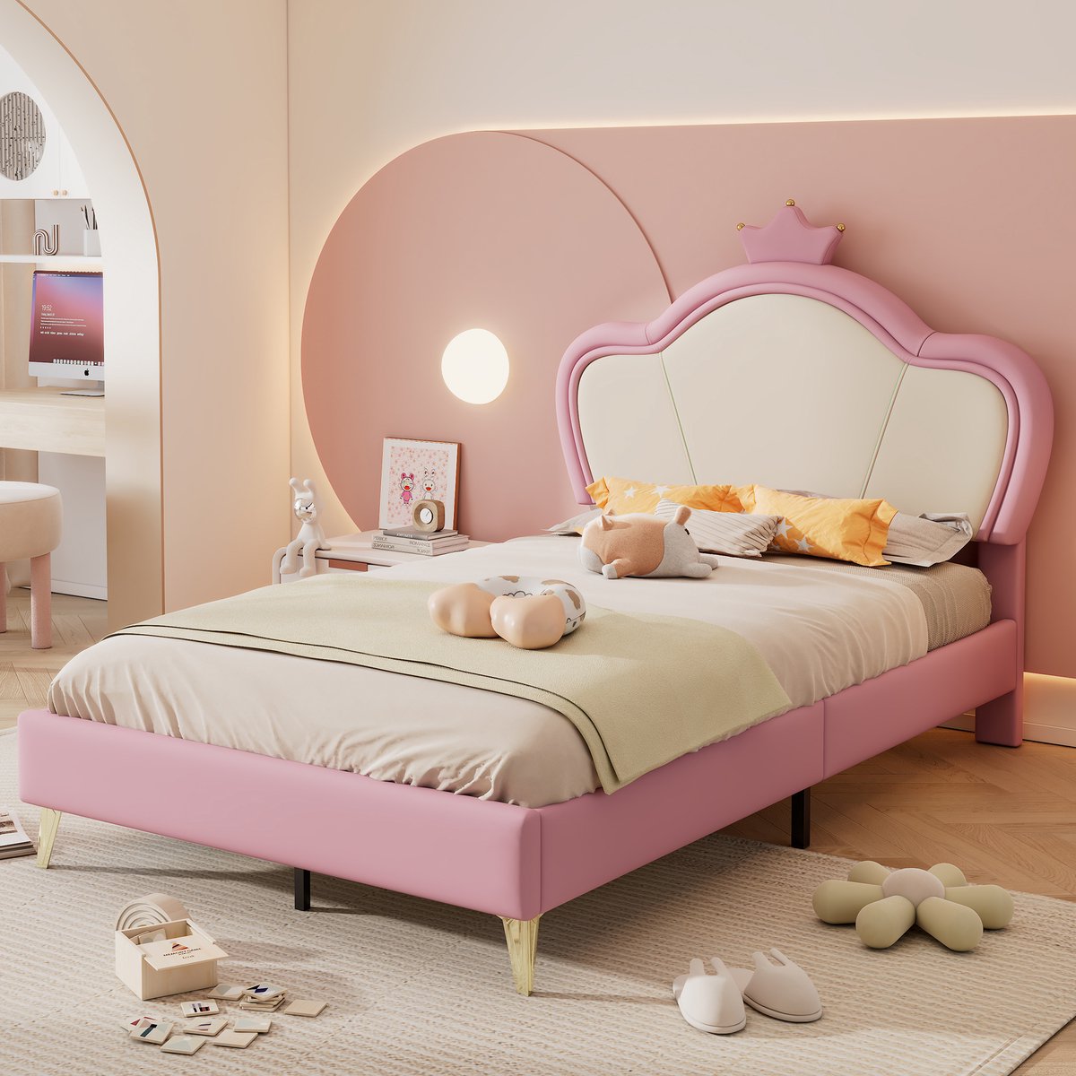 Merax Gestoffeerd bed - Kinderbed - Hoofdeinde met kroon - gestoffeerd hoofdbordprofiel - Eenpersoonsbed - Roze - 90x200cm - zonder matras