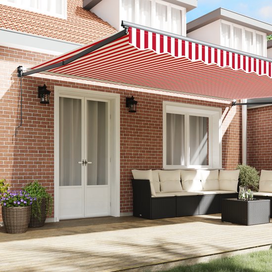 VidaXL Handmatige Intrekbare Luifel Rood En Witte Streep VidaXL Handmatige Intrekbare Luifel Rood En Witte Streep