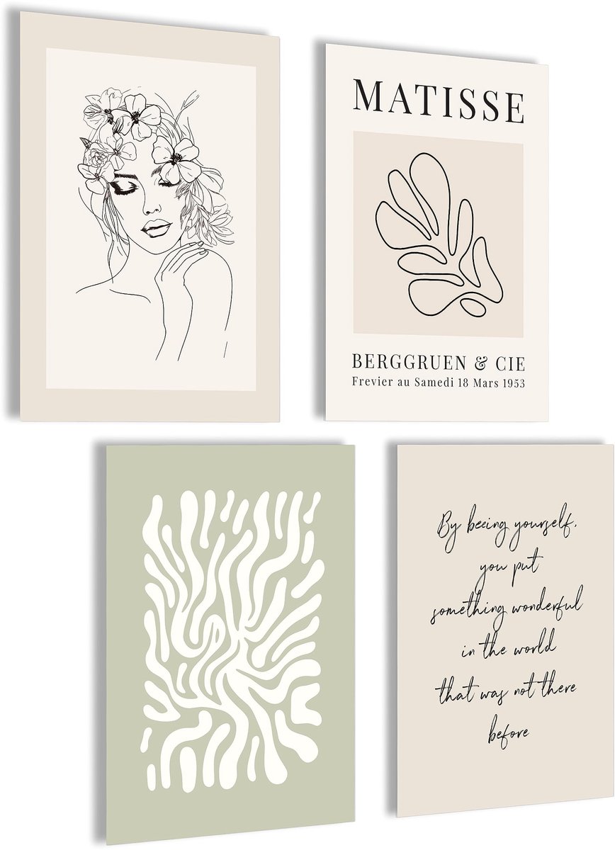 Ibenzoa Moderne bloemenafbeeldingen posterset | Groene afbeeldingen | Slaapkamer decoratie | Matisse posterset | Flower Market wanddecoratie | 4x A4 zonder lijst beige