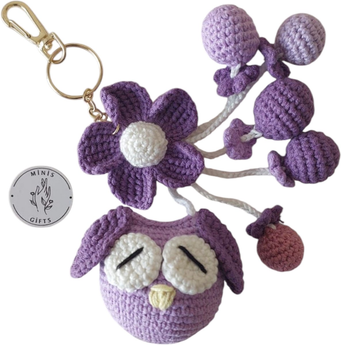 Handgemaakte Amigurumi Sleutelhanger - Slaapende Uil - Paars - Bloem en Druif Details