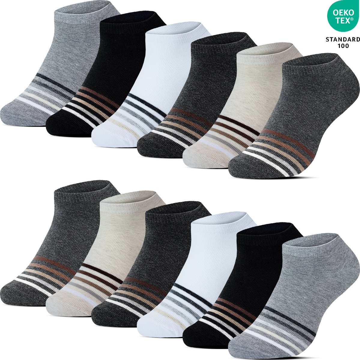 12 Paar Heren Sneakersokken Enkelsokken - Gestreept - Effen - Casual Daily - Fashion Sokken - Katoen - Maat 43-46 - Zomersokken B-6402