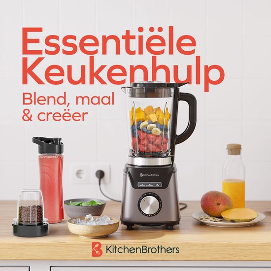 KeukenBlender met glazen kan vol fruit, 600ml drinkbeker, 250ml grinder, mango, sinaasappelsap en kommetje met ijs.