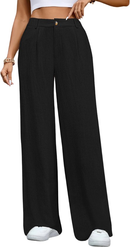 SHEKINI Linnen broek dames lichte zomerbroek katoen linnen stoffen broek met zakken losse comfortabele flowy wijde pijpen vrijetijdsbroek met trekkoord effen casual strandbroek, zwart, L