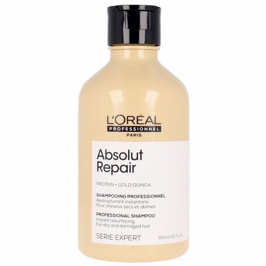Shampoing L'Oréal Professionnel Absolut Repair dans une bouteille beige de 300 ml avec un bouchon noir.