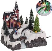 Village de Noël Cheqo® avec maison de Noël - Scène de Noël - Décoration de Noël - Avec lumière LED - Église et sapin de Noël mobile