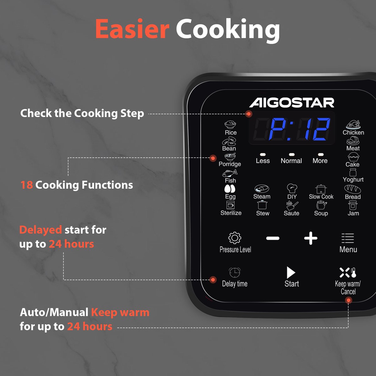 Aigostar Derrick - Pressure Multicooker - 6 Liter - Snelkookpan - Slow Cooker - Rijstkoker - Stomer – foto 8