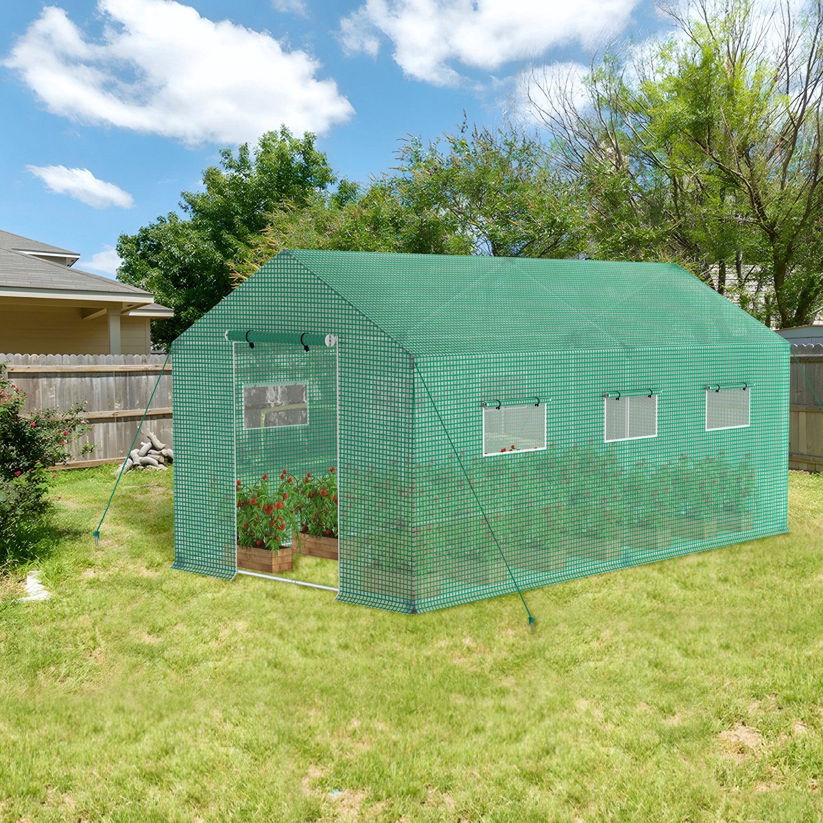 Aufun Foliekas, 4,5 X 2 X 2 Meter, Kas Met Folie, Tunneldeur En Ramen Met Gietijzeren Netfolie, Perfect Voor Het Verbouwen Van Planten In De Tuin, Groen
