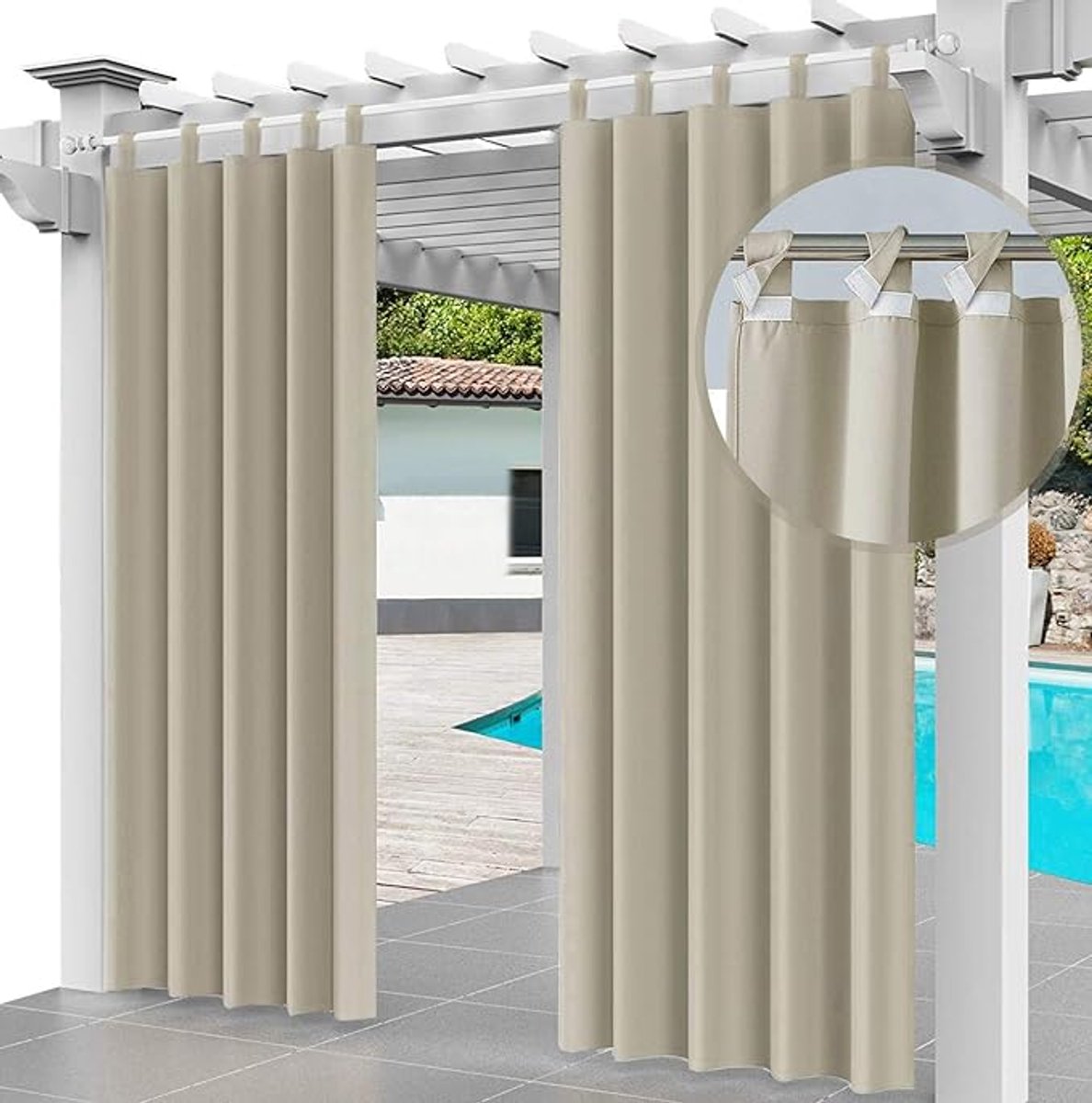 Famanu - Outdoor Gordijn 2 stuks SET Lussen gordijn 220 x 155 cm Tuinhuisjes Balkon gordijnen Verduisteringsgordijnen met lussen, Waterdicht gordijn voor Paviljoen Strandhuis (2 panelen) Beige 129