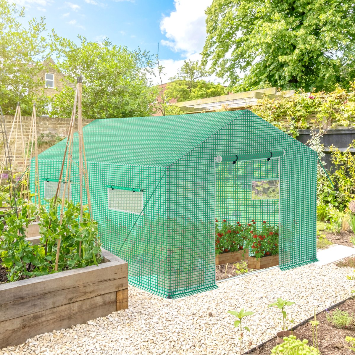 Aufun Foliekas, 3 x 2 x 2 meter, Kas met folie, tunneldeur en ramen met gietijzeren netfolie, perfect voor het verbouwen van planten in de tuin, Groen