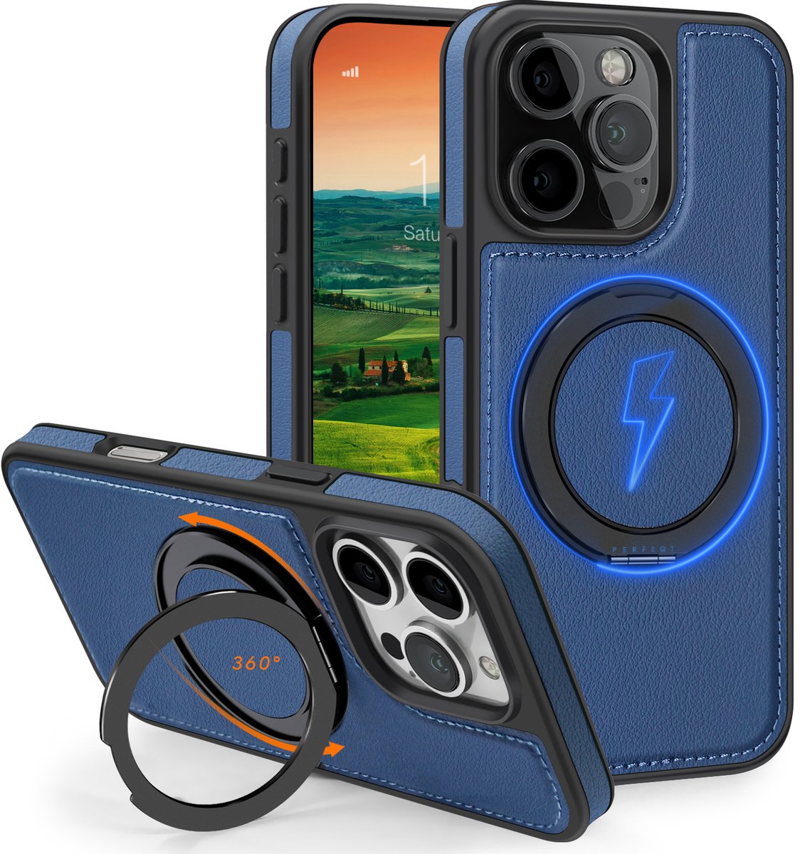 Perfeqt hoesje geschikt voor iPhone 16 Pro leren BackCover met 360° Kickstand & Keyring houder - Royal Blue