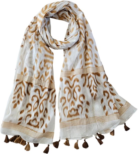 Mooie Dames Sjaal XL- Beige wit Zomersjaal van 100% Katoen - Voorjaarssjaal - Lichte Sjaal - Dunne Sjaal - Mode Sjaal - Fashion Shawl 190 x 110 cm