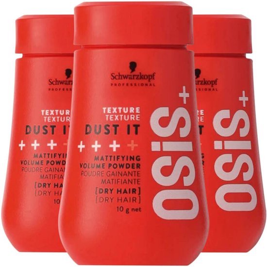 Drie rode potjes Schwarzkopf OSiS+ Dust It mattifying volume powder van 10 gr.