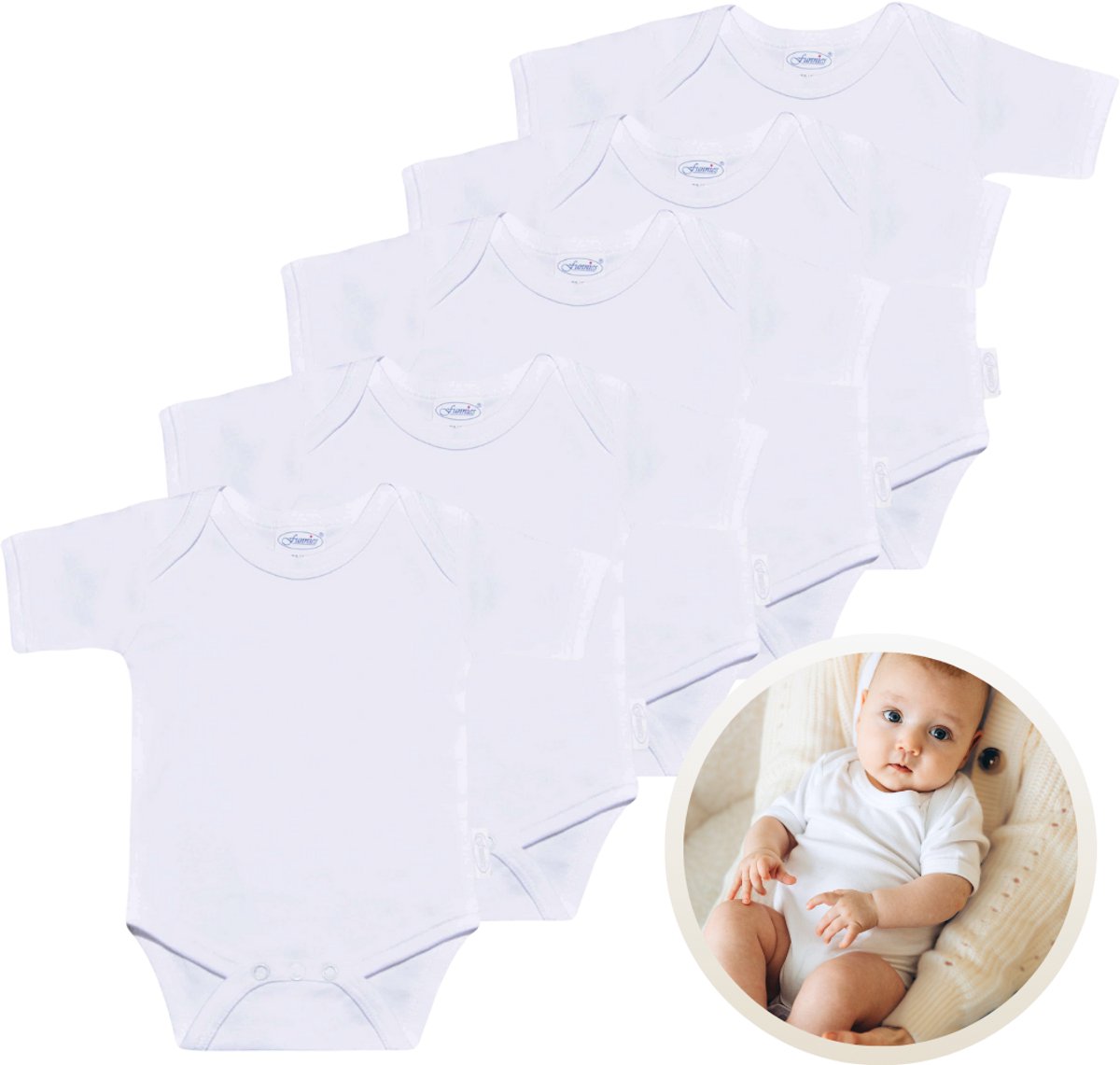 Funnies Rompertjes 5-Pack Wit - 62-68 - Set van 5 Zachte Babyrompers / Boxpakjes / Babybody's - Gemaakt van Comfortabele en Ademende Stoffen - Perfect voor Dagelijks Gebruik bij Baby’s - Makkelijk aan en uit te trekken en Wasmachinebestendig