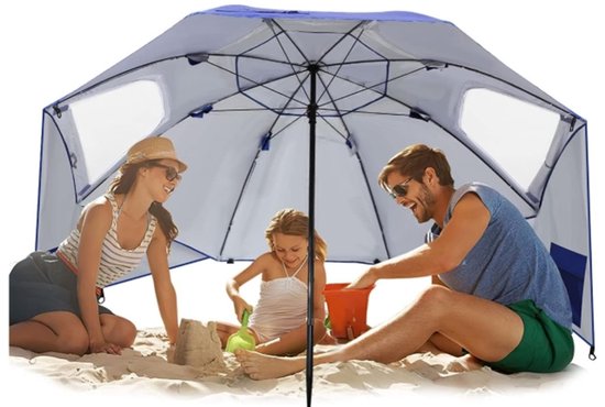 Pincho - Parasol / Windscherm / Strandtent 220 cm - Licht Blauw met Vensters (Afsluitbaar) - Geleverd met Haringen & koord - Voorzien van Opbergzakken - Draagtas - UPF50 Biedt 99% UV Bescherming