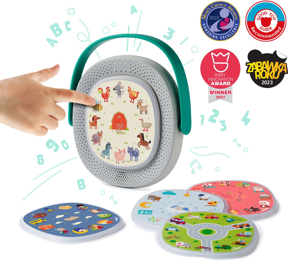 TIMIO Player Starter Kit + 5 Discs – Educatieve Audio-Speler 2–6 jaar | Oplaadbar | Kinderliedjes, Verhaaltjes & Quizvragen | Leert Letters, Kleuren, Getallen, Dieren | 8 Talen (NL/FR/EN/DE...) — afbeelding 9