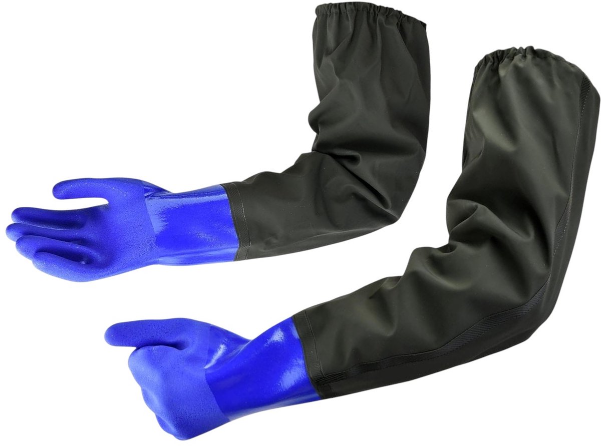 PU waterdichte vishandschoenen, vijverhandschoenen, zuur- en alkalibestendig, geschikt voor vijveronderhoud, vissen, werk 70 cm (blauw)