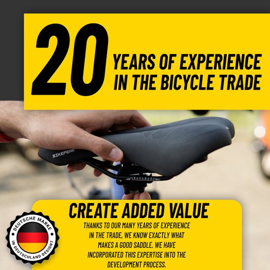 Hand houdt zwart BikePeak fietszadel vast, met tekst "20 jaar ervaring" en "Deutsche Marke".