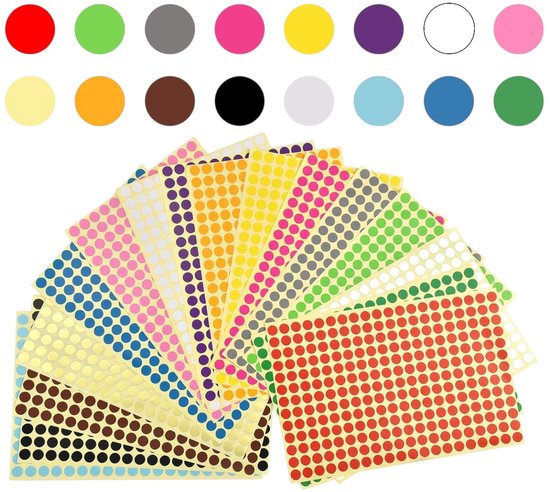 16 kleuren: rood, lichtgroen, groen, donkergrijs, lichtgrijs, donkerroze, lichtroze, lichtroze, felgeel, geel, lichtgeel, paars, wit, bruin, zwart, marineblauw, lichtblauw ZELFKLEVEND: Kleurrijke stickers met stippen zijn geweldig voor papier, hout