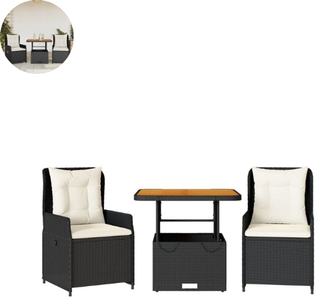 Balkonset 2 personen - Tuinset - Bistroset - Zwart - Weerbestendig - 3 delig - Tuintafel en 2 stoelen - 2 personen - Poly rattan