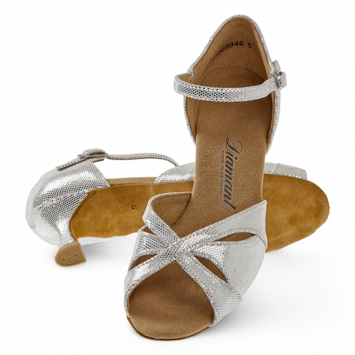 Diamant 144 - 077 - 246 - Glamoureuze Dames Latin Dansschoen - Zilver Suede - 5cm Flared Hak - Halfopen neus model - Praktische druksluiting - Suede zool - Microfiber voetbed - Tango, Salsa, Kizomba, Bachata - Diamant - Zilver - 37