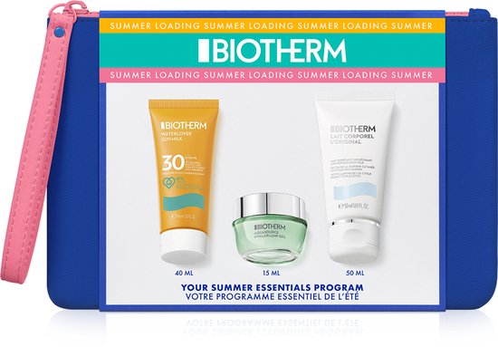 SUMMER ESSENTIALS: Neon blue pouch + Aquasource gel 15ml + Lait corporel 50ml + Waterlover sunmilk SPF30 40ml