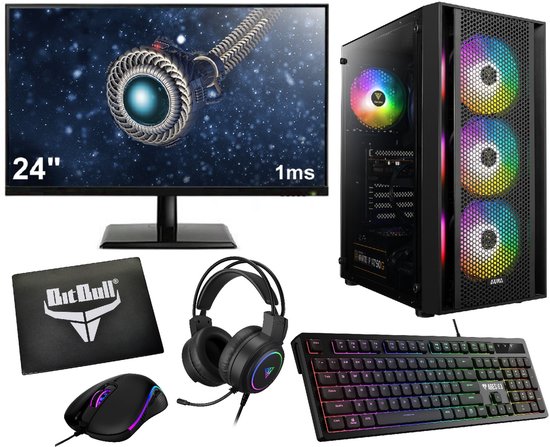 Ryzen 5 Budget Game PC Setup Compleet met 24" Gaming Monitor, Toetsenbord, Muis, Headset en Muismat