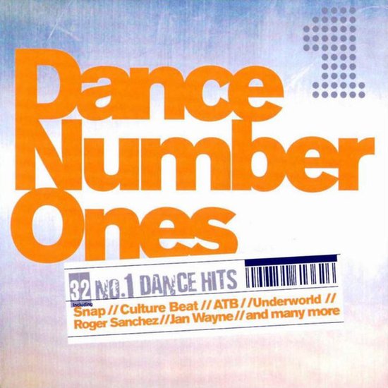 CD hoes met de tekst 'Dance Number Ones', 32 'No. 1 Dance Hits', met oranje letters op een lichtblauwe achtergrond.