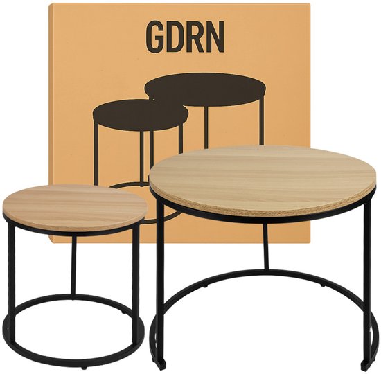 Tables basses GDRN , Set de 2 – Chêne clair – Rondes – 60 x 45 et 40 x 40 cm – Tables d'appoint modernes – Ensemble de tables en bois