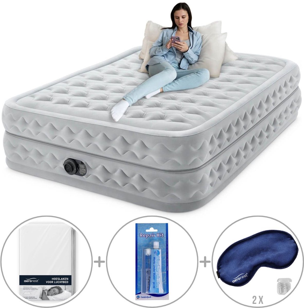 Intex Queen Supreme Air-Flow Luchtbed met ingebouwde pomp | Tweepersoons | 203 x 152 x 51 cm | Inclusief reparatiekit + hoeslaken + twee slaapmaskers