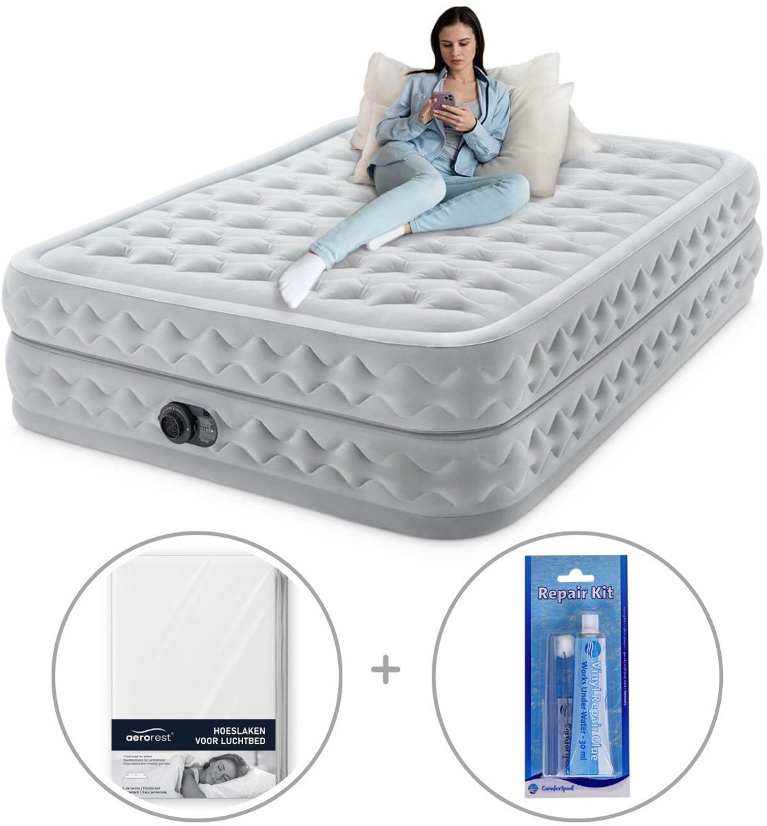 Intex Queen Supreme Air-Flow Luchtbed met ingebouwde pomp | Tweepersoons | 203 x 152 x 51 cm | Inclusief reparatiekit + hoeslaken