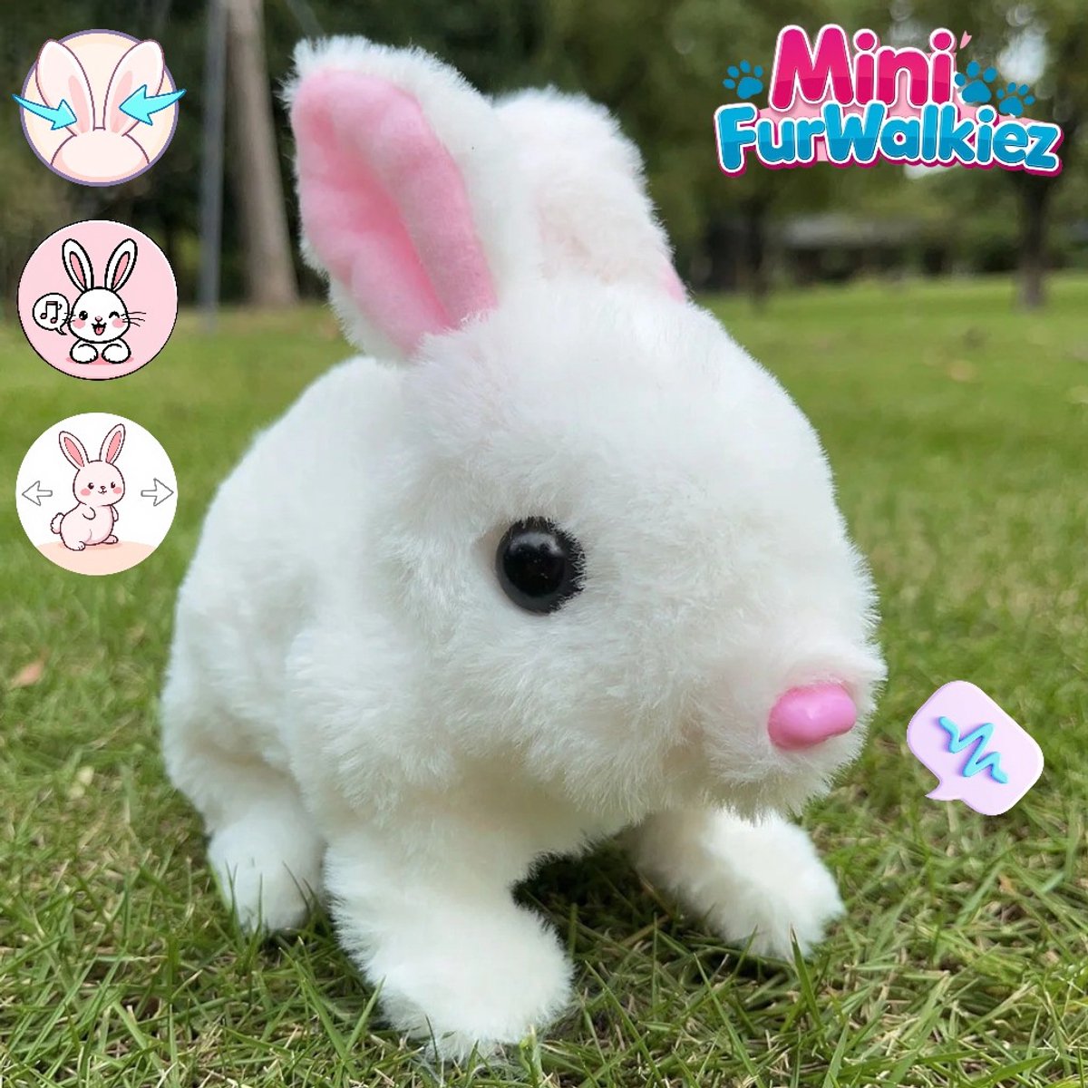 Klikkopers® - Interactieve Knuffel - Interactief Konijntje - Mini FurWalkiez - Lopend Konijn speelgoed - Wit - Interactieve Konijn