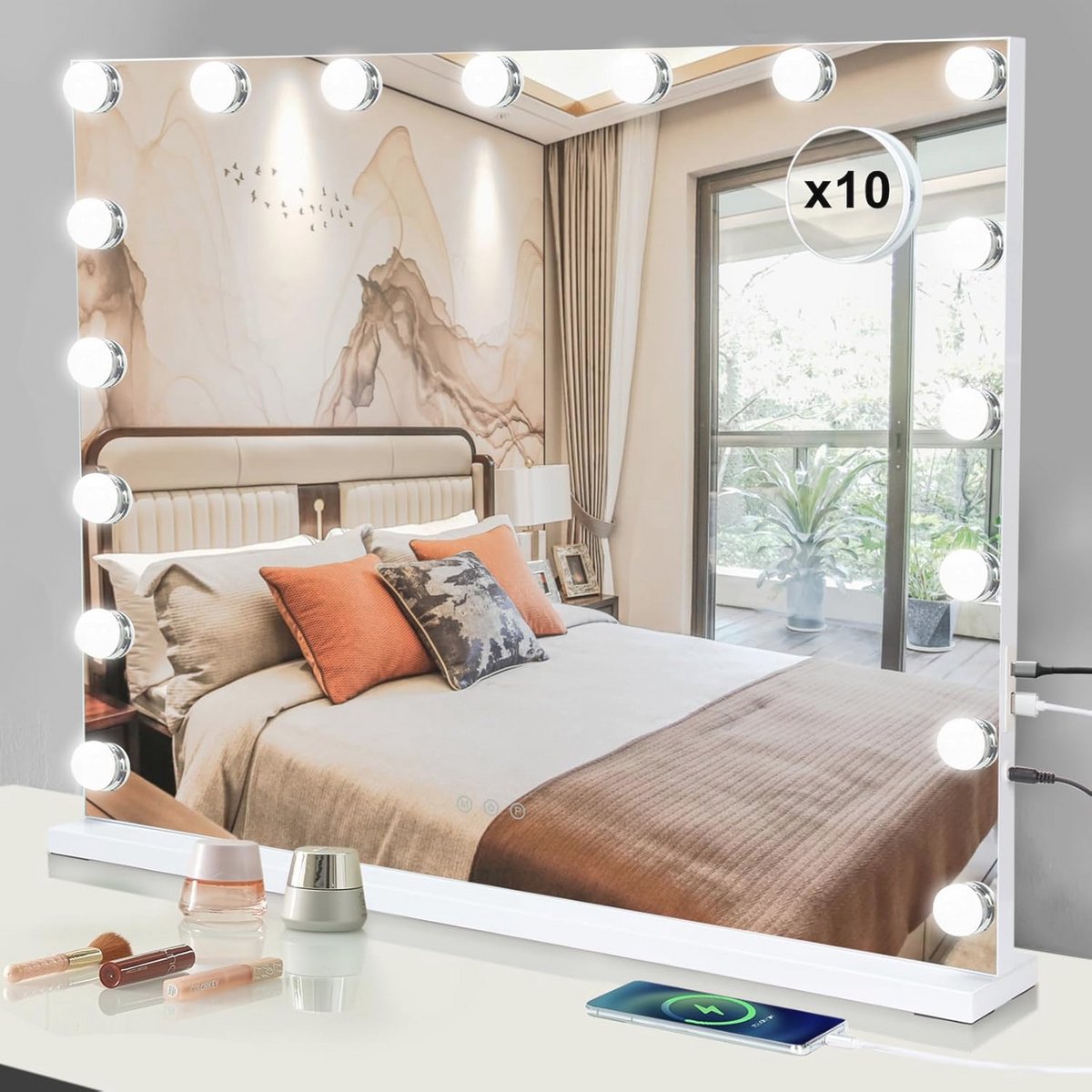Make-up Spiegel met LED Lampen, Dimbaar, 3 Verlichtingsmodi, Geheugenfunctie, USB en Type C Oplader, Touch Control, Wandmontage