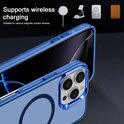 Doorzichtige blauwe telefoonhoes met blauwe rand, compatibel met draadloze opladers.