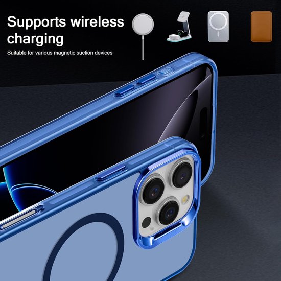 Doorzichtige blauwe telefoonhoes met blauwe rand, compatibel met draadloze opladers.