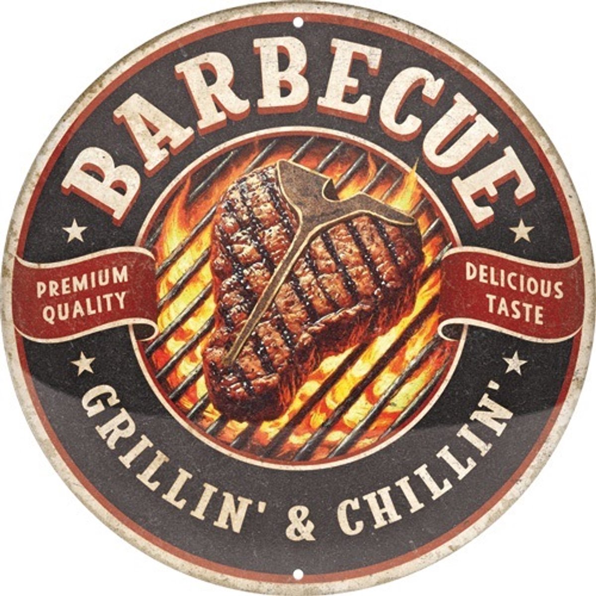 Barbeque Grillin & Chillin. Metalen wandbord in reliëf Ø 35 cm.
