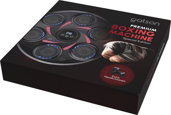 Verpakking van de Gatson Premium Boxing Machine met afbeelding van de machine en bokshandschoenen.