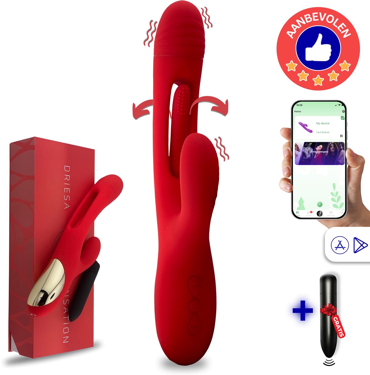 Bol.com SlipperyHeights® Driesa 3-in-1 Rabbit Vibrator voor Vrouwen met App – G Spot & Clitoris Stimulator – 21 Standen – Inclus... aanbieding