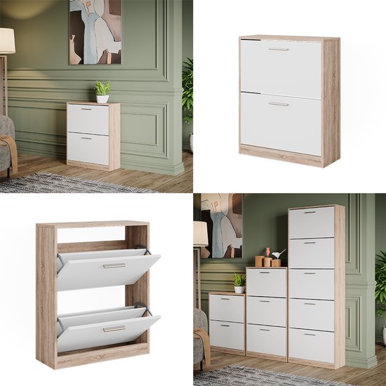 Meuble à chaussures Vicco Gizmo – 59 x 72,5 cm 2 compartiments Wit/Sonoma 2 compartiments