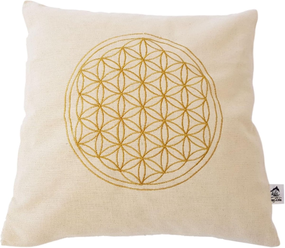 Kussenhoes Bloem des Levens - Geborduurd in Goud Geel - 40 x 40 cm - 100% Katoen
