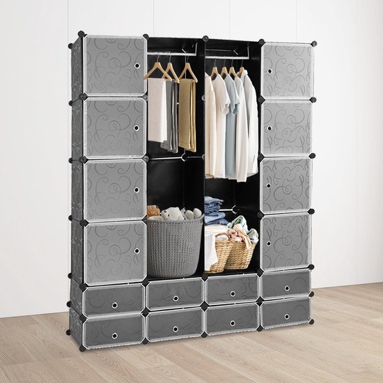 Kledingkast met 16+8 Opslagvakken - DIY Garderobekast (BxHxD): 142x180x37cm - Zwart - Kunststof - slaapkamer, woonkamer - Extra Grote Kleerkast - Modulaire Wandkast - Modern-stijl - 10KG Draagkracht - voor hangende kleding&ruimtebesparing