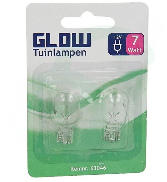 GLOW Tuinlampen verpakking met twee 12V, 7 Watt gloeilampen.