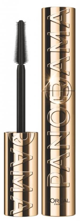 Gouden mascara huls met de tekst 'Panorama' en zwarte mascara borstel met korte en lange haartjes.