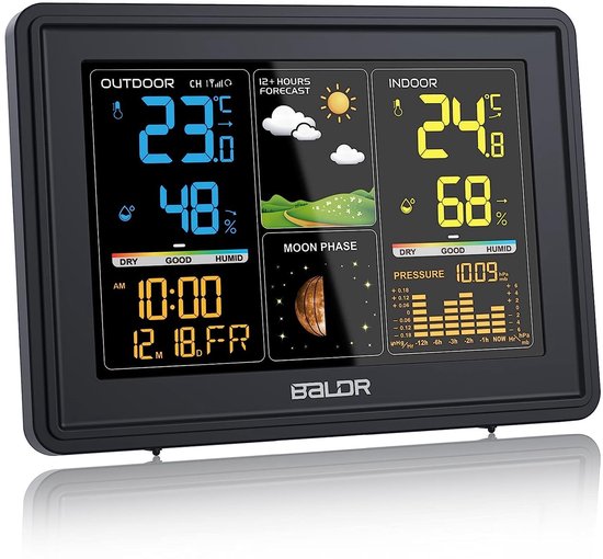 Baldr Weerstation Binnen en Buiten - Draadloos - Met Buitensensor - Temperatuur en Luchtvochtigheid - Digitaal - Hygrometer - Luchtvochtigheidsmeter - 100 Meter Bereik - Zwart