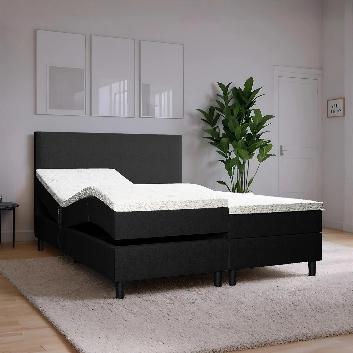 Elektrische Boxspring Simpel - 160x200 cm - Zwart - Pocketvering - Stof - Inclusief Splittopper - Bed compleet