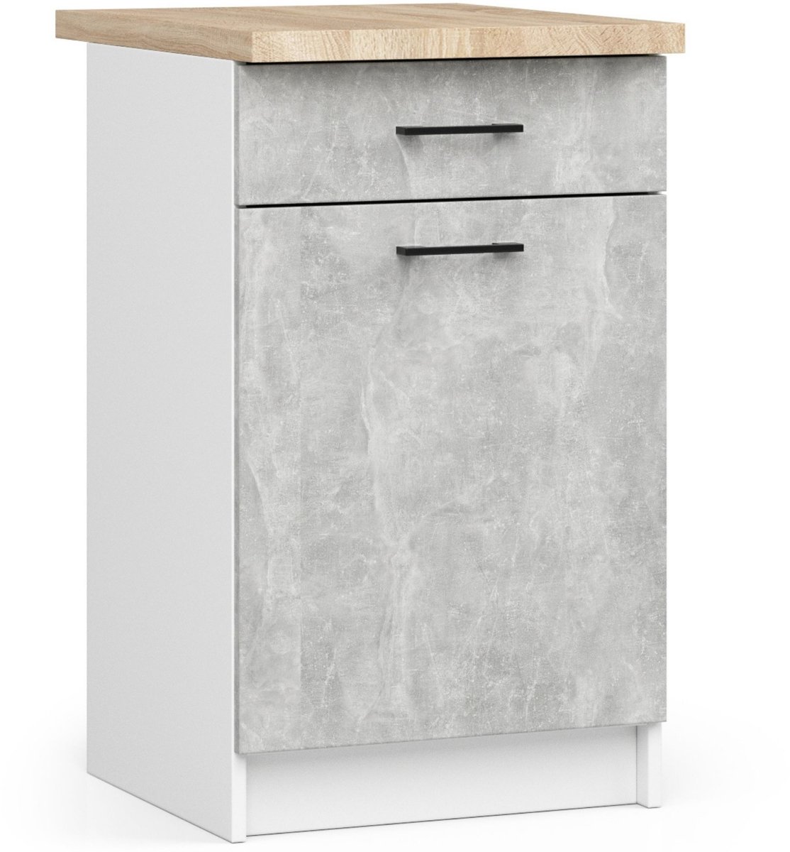Keukenkast modulaire OLIWIA S50 met Verkblad / Onderkast met 1 Deur en 1 Lade / AKORD Furniture Factory / Wit – Beton Grijs / 50 x 85 x 46 cm