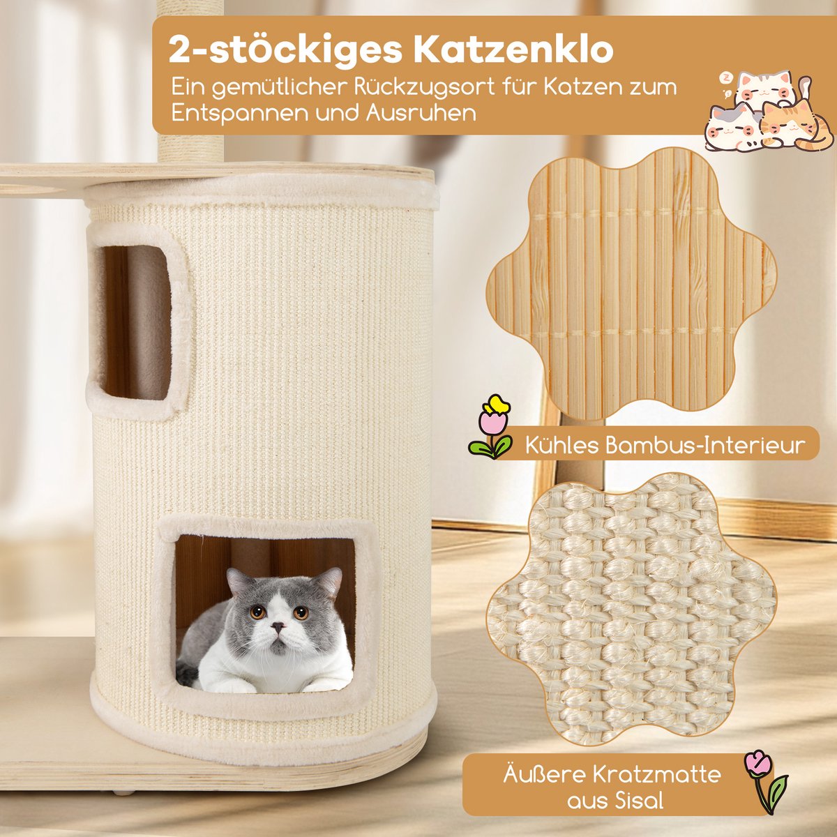 COSTWAY Krabpaal Van Hout, 120 Cm, Kattenboom Met Hangmat In Basketbalkorf Stijl Kattenhuis 2 Verdiepingen En Platforms Kussens Kattenkrabpaal Klein Klimboom Kattenmeubels Natuur 1888151964
