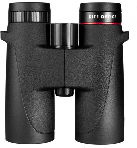 Zwarte KITE OPTICS verrekijker met rode accenten op de ringen.
